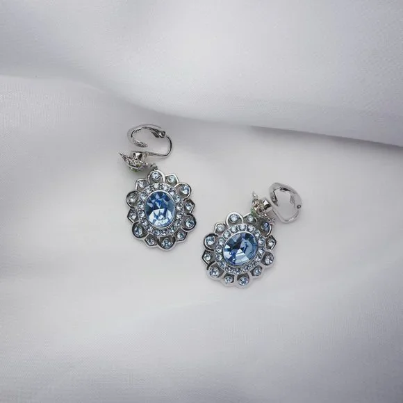 Givenchy Pastel Blue Rhinestone Jewel Flower Oval Silver Dangle Clip Earrings - Picture 7 of 9
